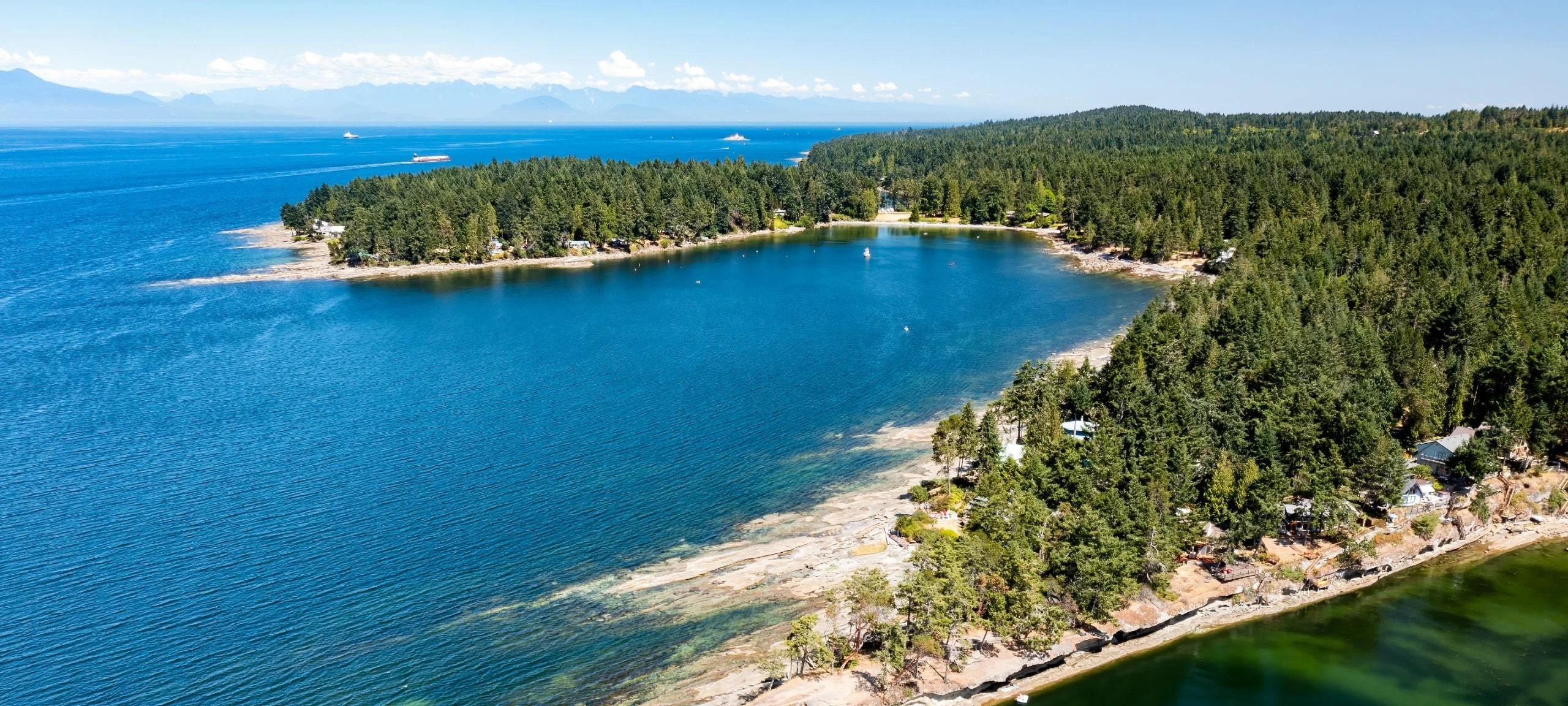 Aerial view of Gabriola Island shoreline with forest
