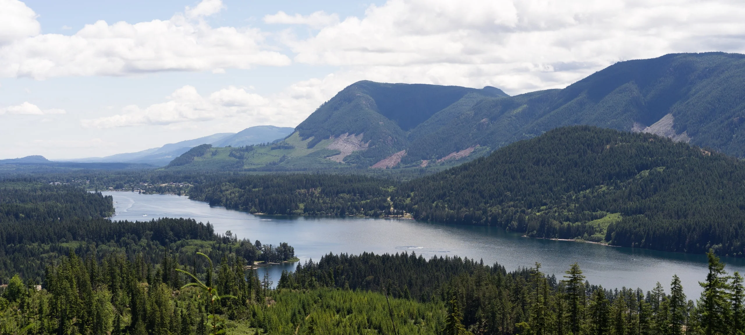 Aerial view over Cowichan Lake from mountain