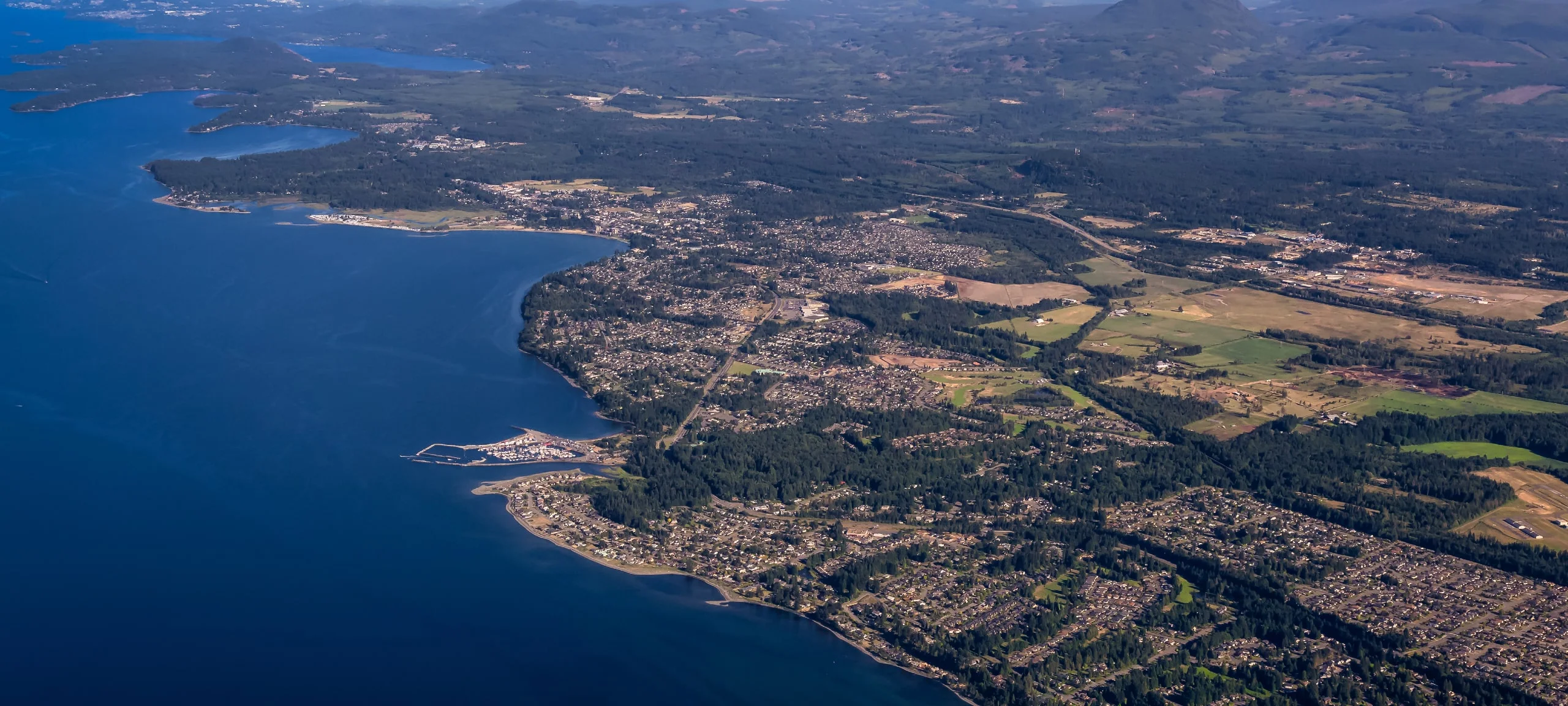 Aerial view over Qualicum region of Vancouver Island
