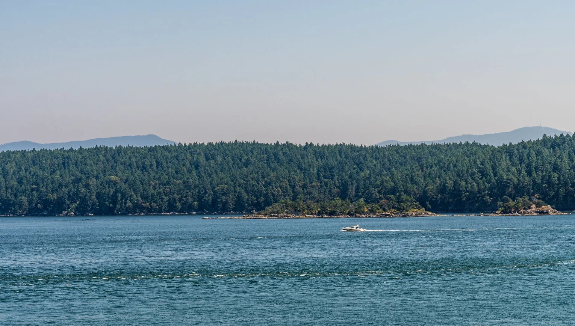 Forest and mountain view with boat on water in Strait of Georgia, BC