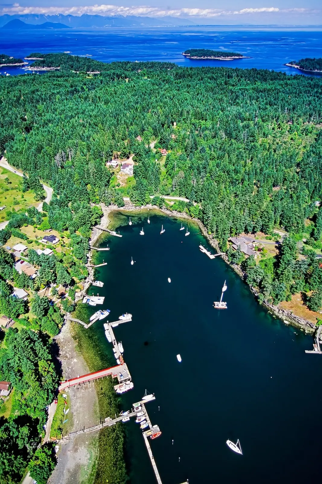 Aerial view of boats and shoreline of Salt Spring Island, BC
