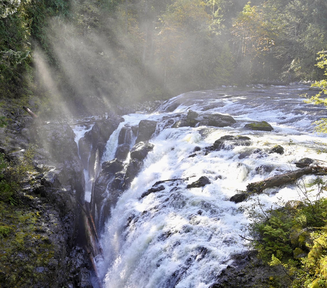 Aerial view of rapids and waterfall at Englishman River Falls, Errington