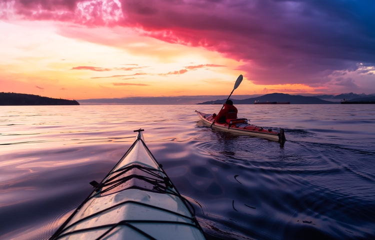 View of Pacific Ocean sunset from Kayak, off of Vancouver Island