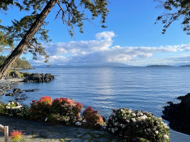 Waterfont pakr overlooking ocean with flowers in Nanoose Bay