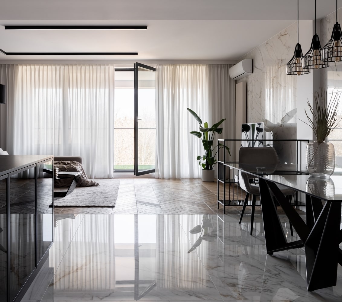 Luxury interior of condo building with open balcony