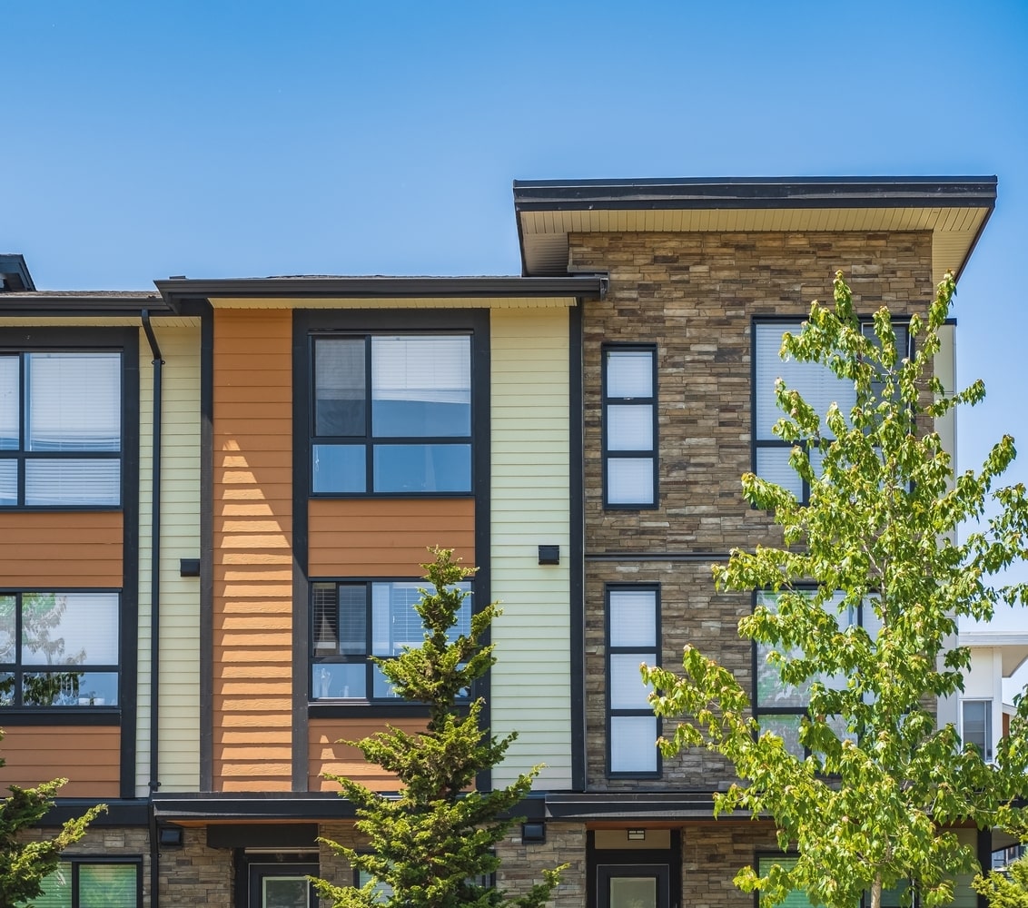 Row of new construction, modern-stye townhomes
